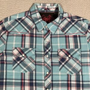 Fox Racing Shirt Mens Large Blue Plaid Pearl Snap Button Up Casual Preppy Patch